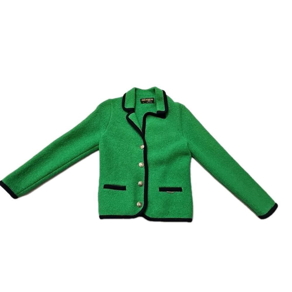 VINTAGE Geiger Tyro Austrian Wool Womens Jacket GREEN Metal Buttons Size 40